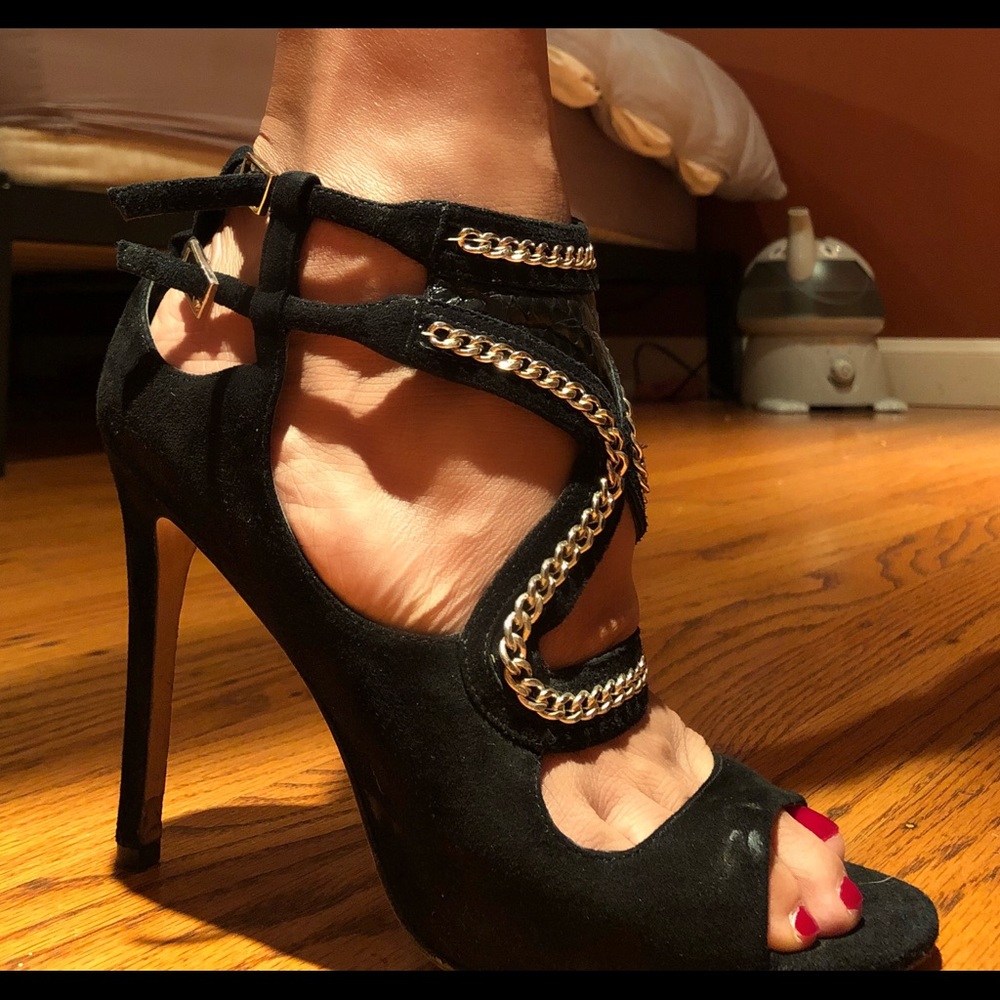 Brian Atwood Black Gold Chain Suede Stilettos 6